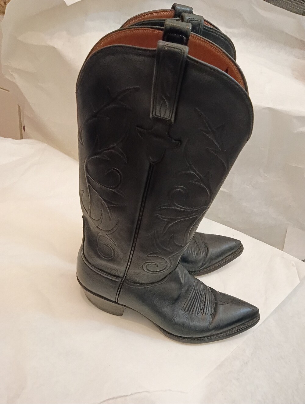 Lucchese Black Western Leather Heeled Boots with Brown Interior